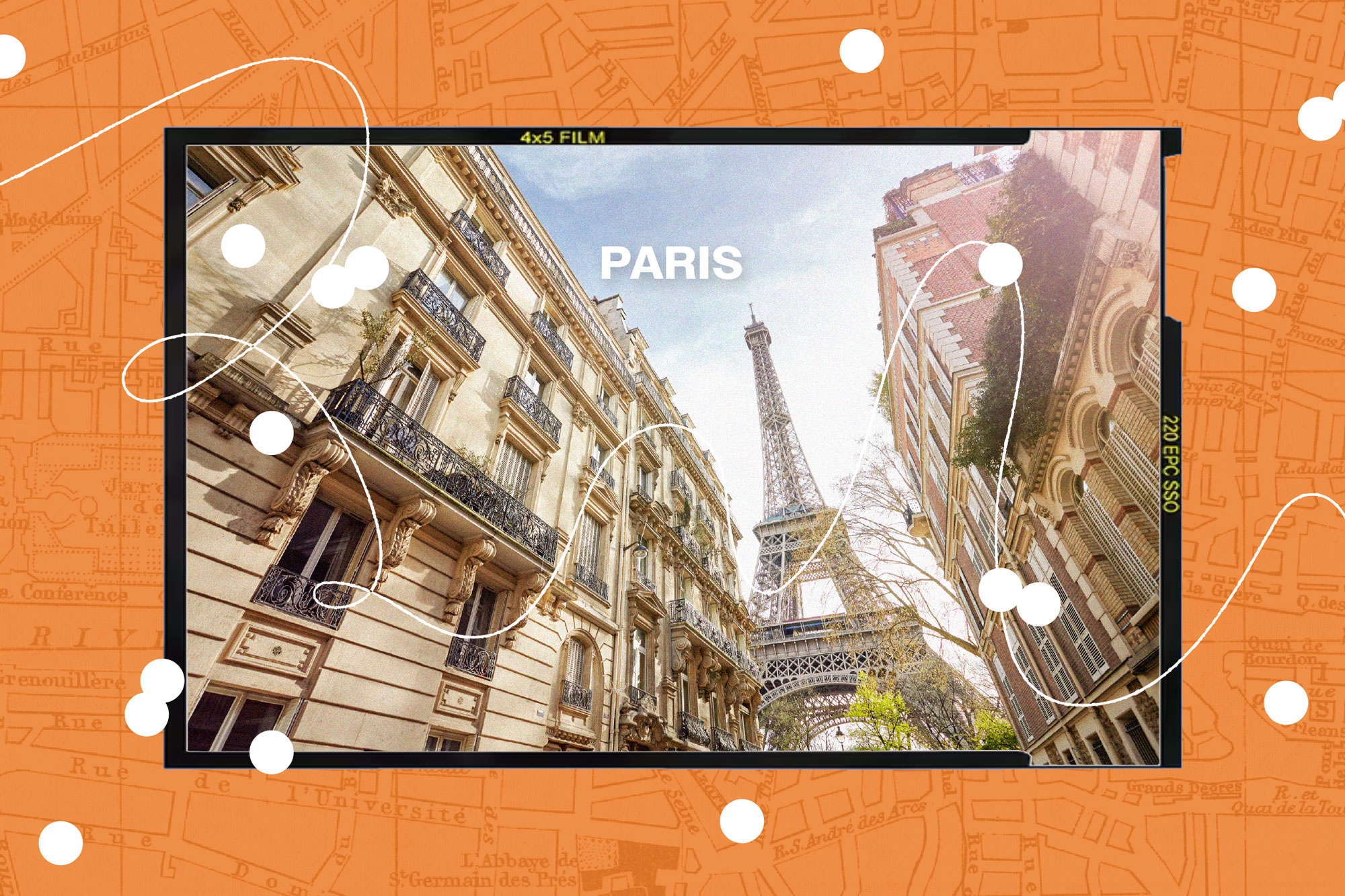 collage of Paris cityscape over orange map background