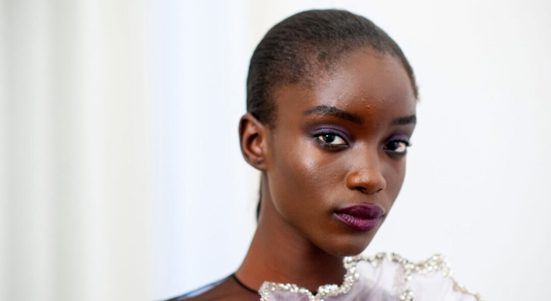 Model Maty Fall poses backstage prior to the ArdAzAei Haute Couture Fall Winter 2022 2023 show as part of Paris Fashion Week on July 07, 2022 in Paris, France