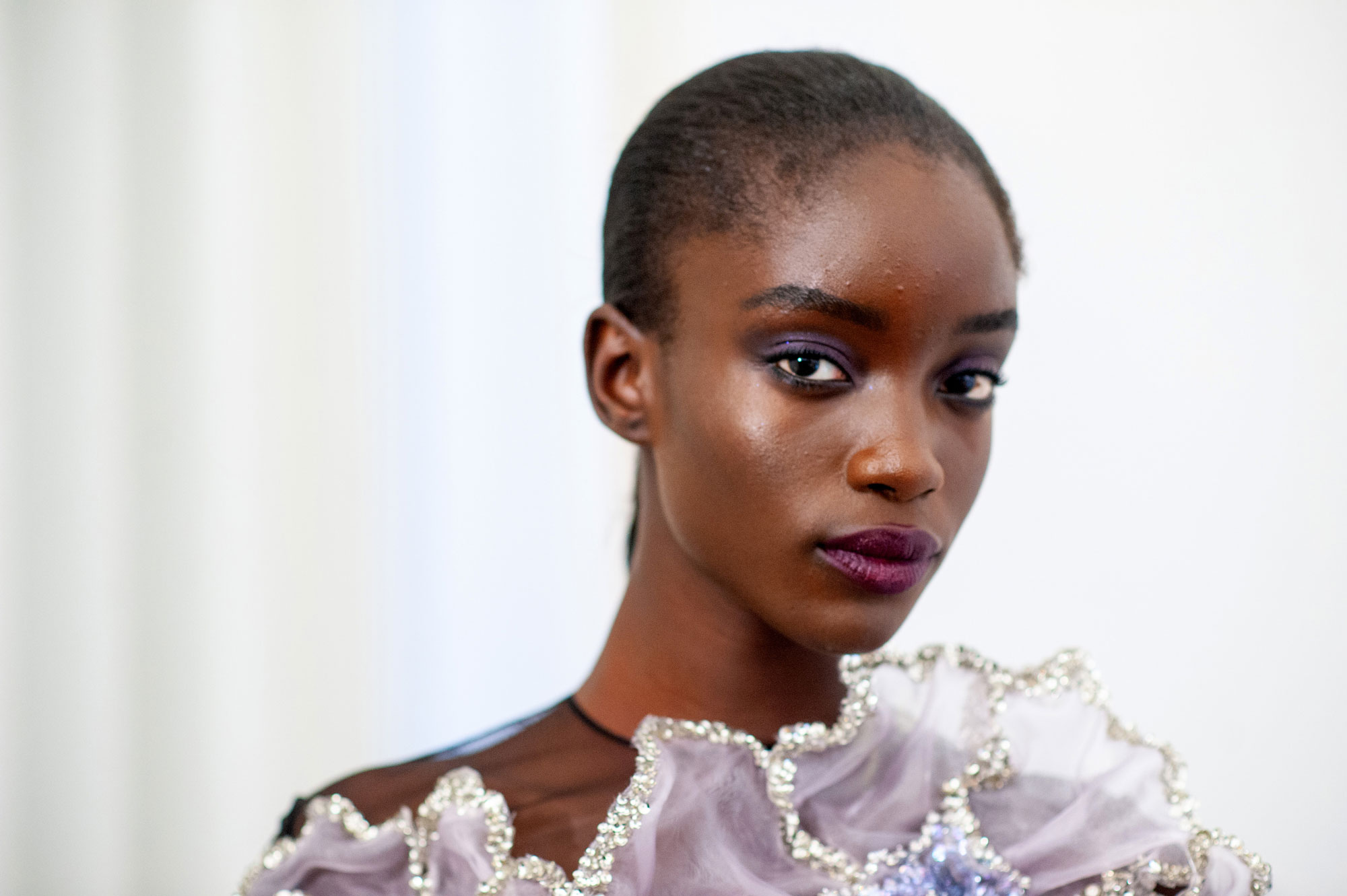 Model Maty Fall poses backstage prior to the ArdAzAei Haute Couture Fall Winter 2022 2023 show as part of Paris Fashion Week on July 07, 2022 in Paris, France