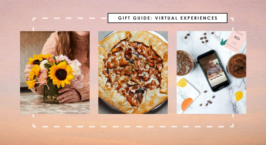 collage of virtual experiences on pink beige gradient background