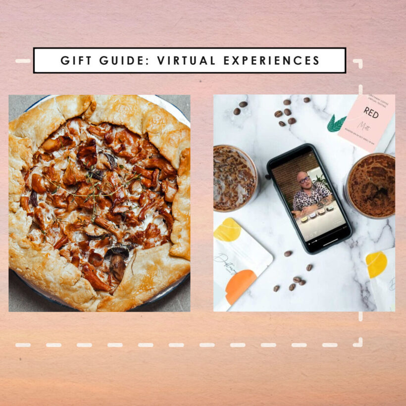collage of virtual experiences on pink beige gradient background