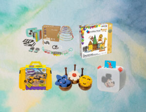 collage of kids toys on blue watercolor background