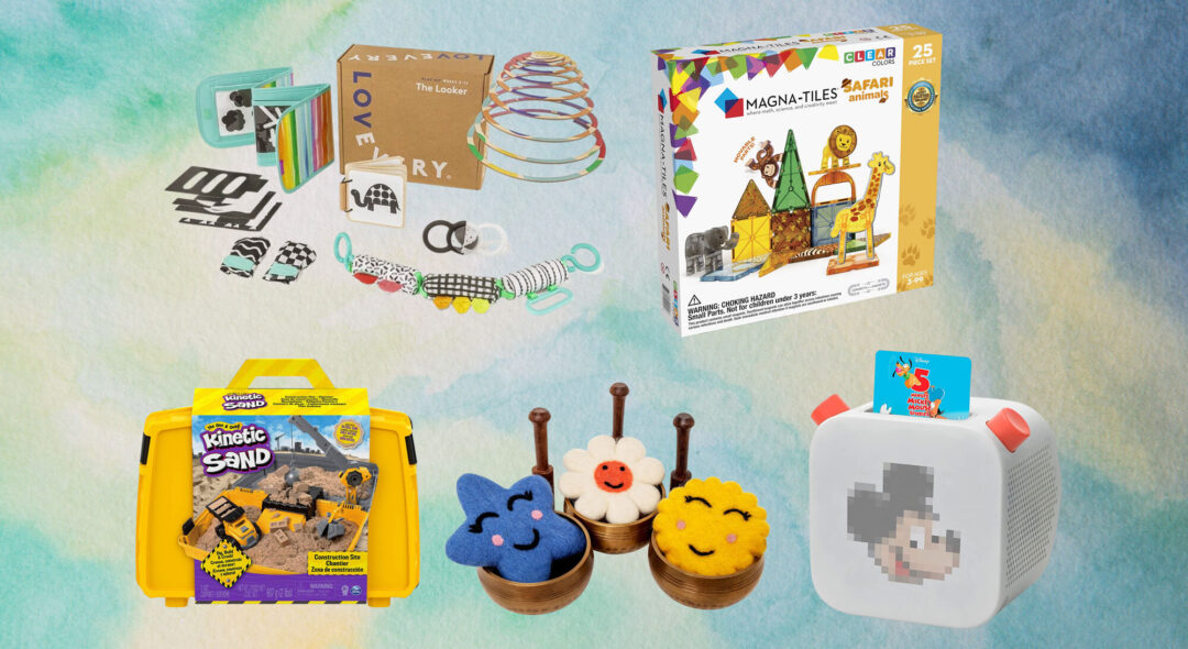 collage of kids toys on blue watercolor background