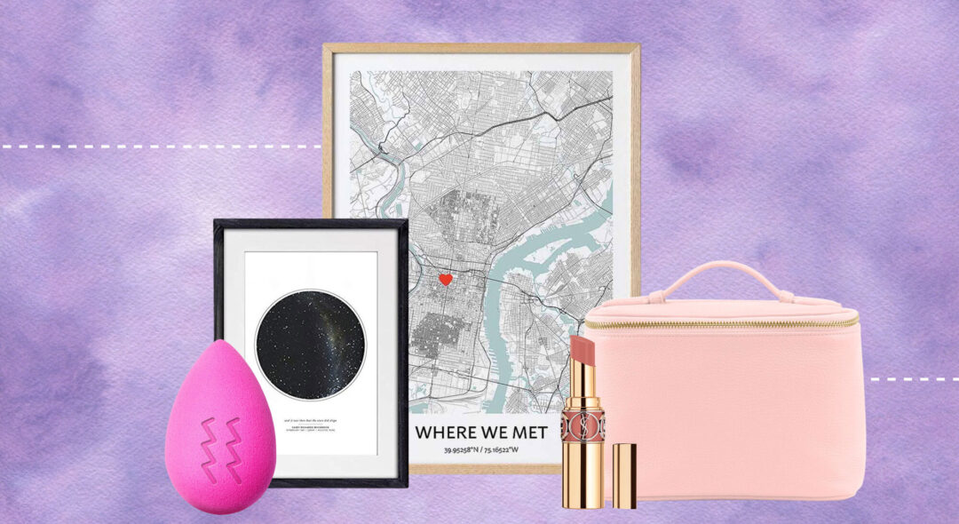 Collage of gift items on purple watercolor background