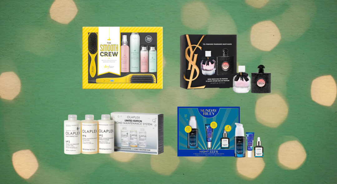 collage of beauty kits on green light background