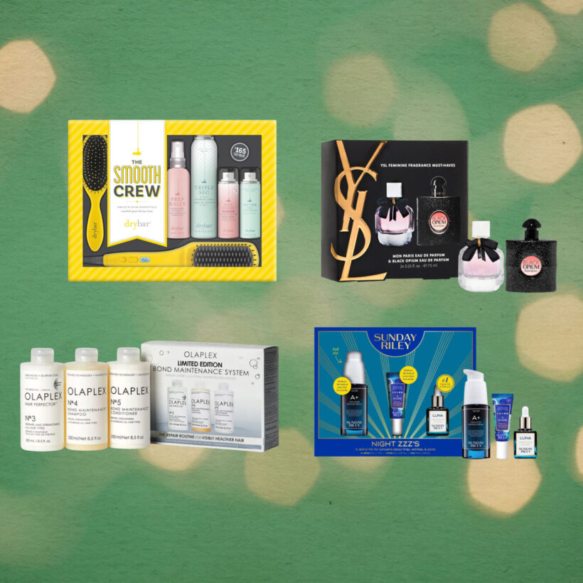 collage of beauty kits on green light background