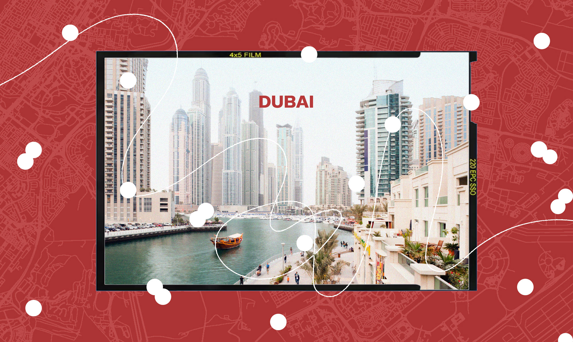 collage of Dubai cityscape on red map background