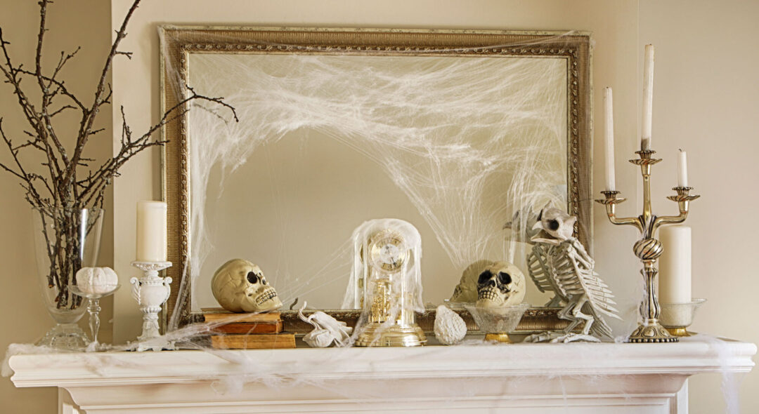 Fireplace mantel with Halloween decorations