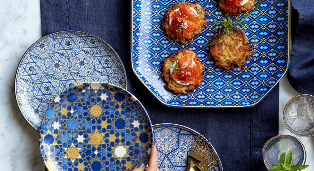 overhead shot of tablescape with dinner plates