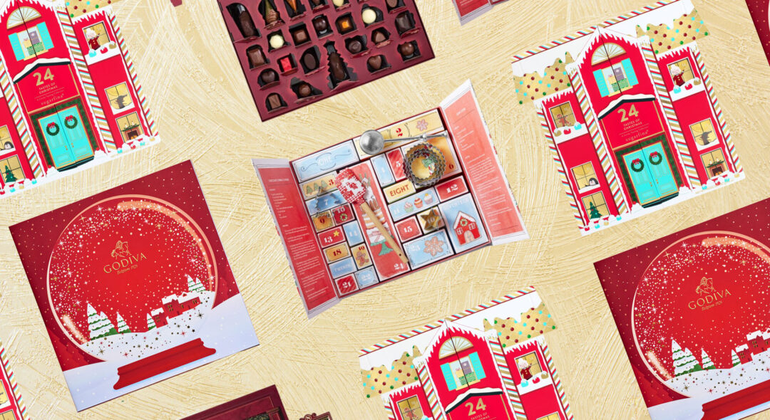 collage of advent calendars on yellow gold background