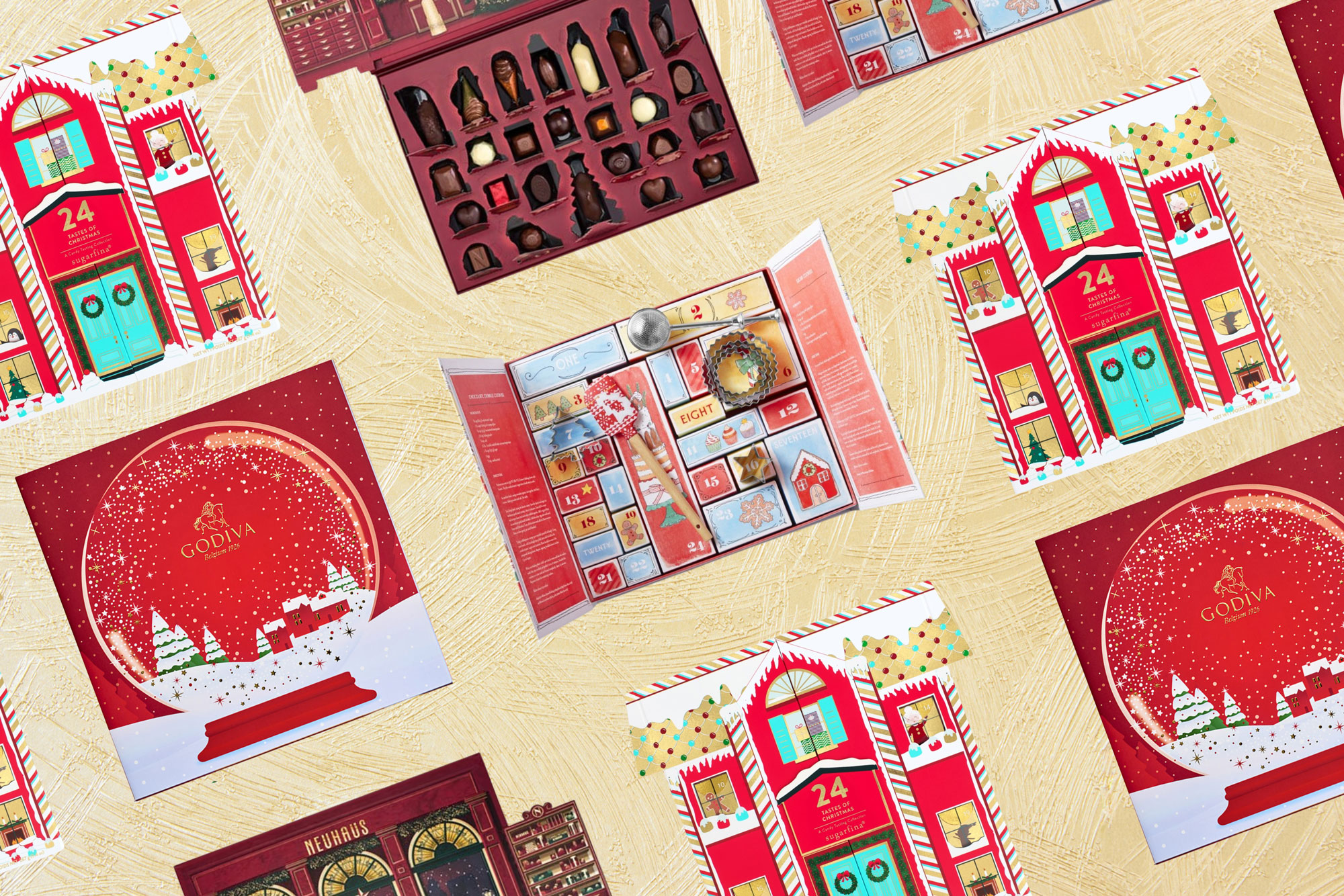collage of advent calendars on yellow gold background
