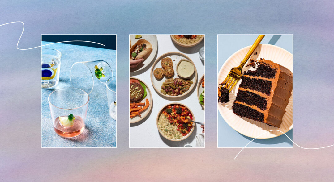collage of food still life and gradient pink and blue background