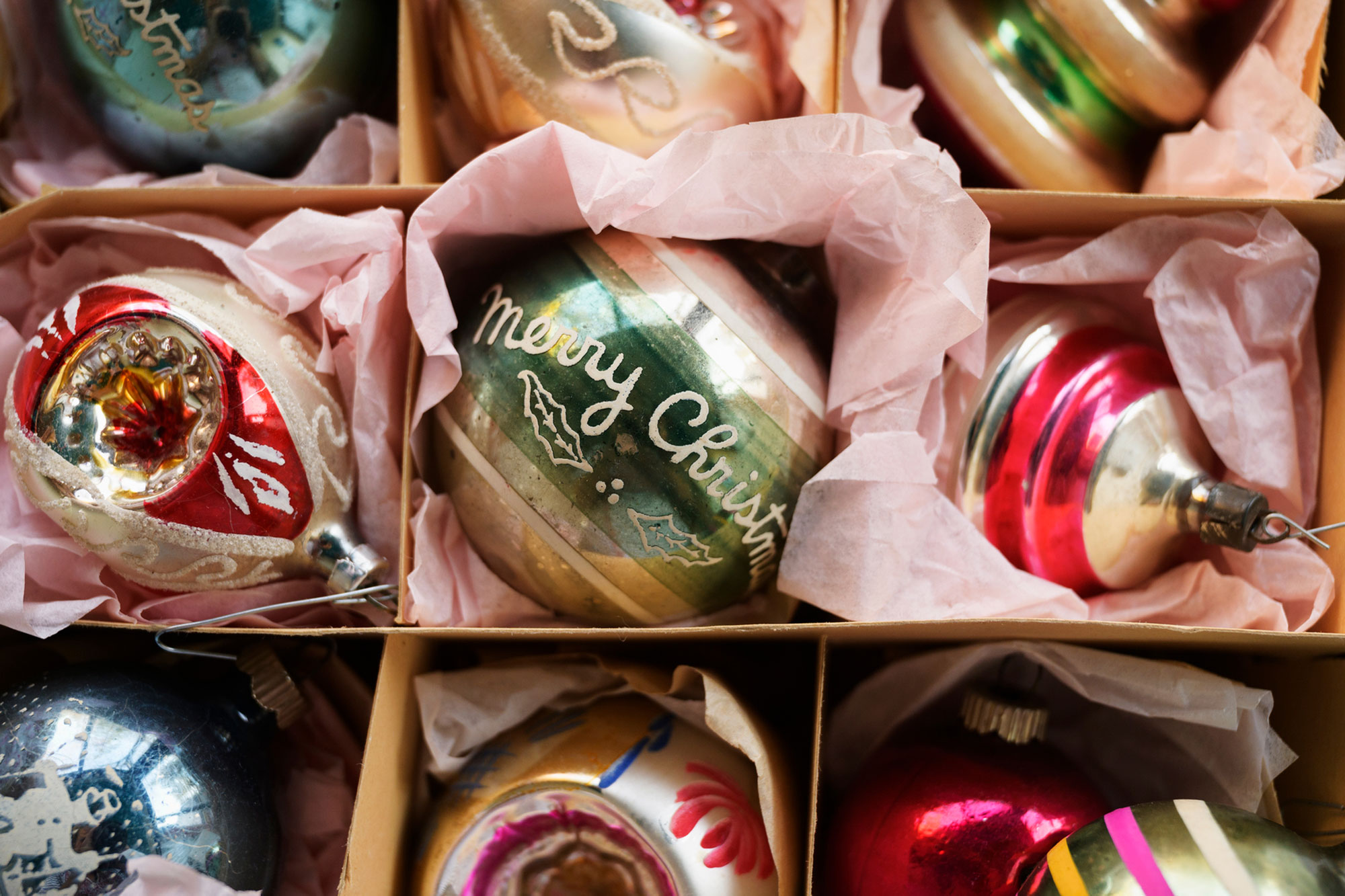 Close Up of Vintage Christmas Ornaments