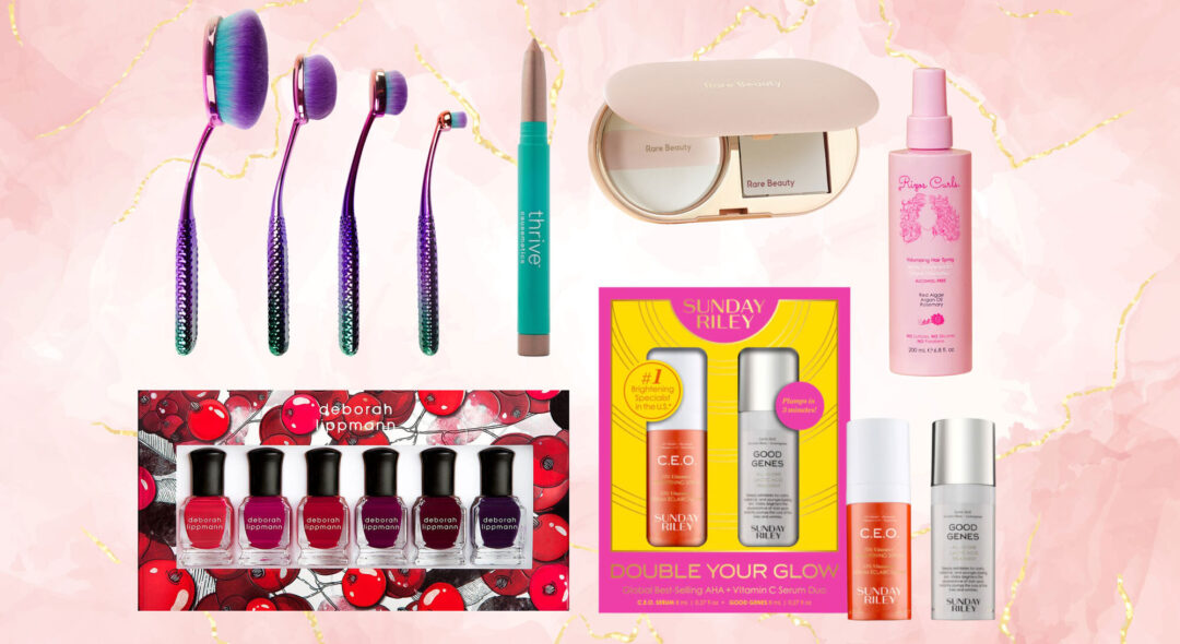 collage of beauty products on pink gold background