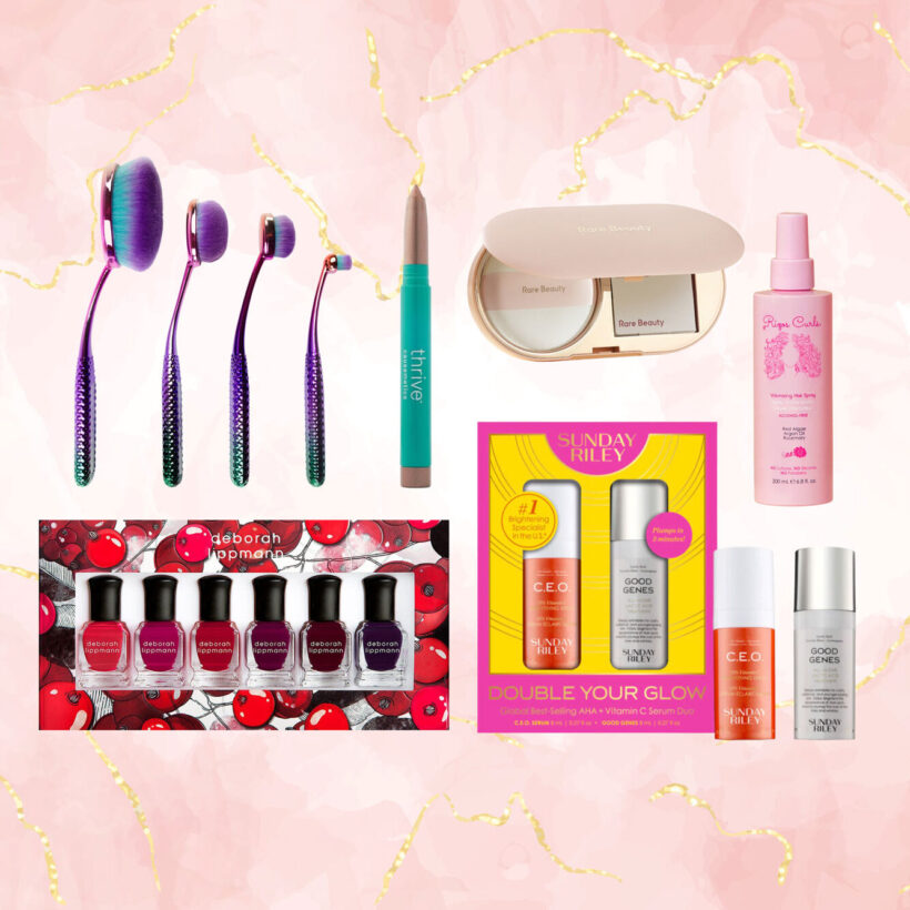 collage of beauty products on pink gold background