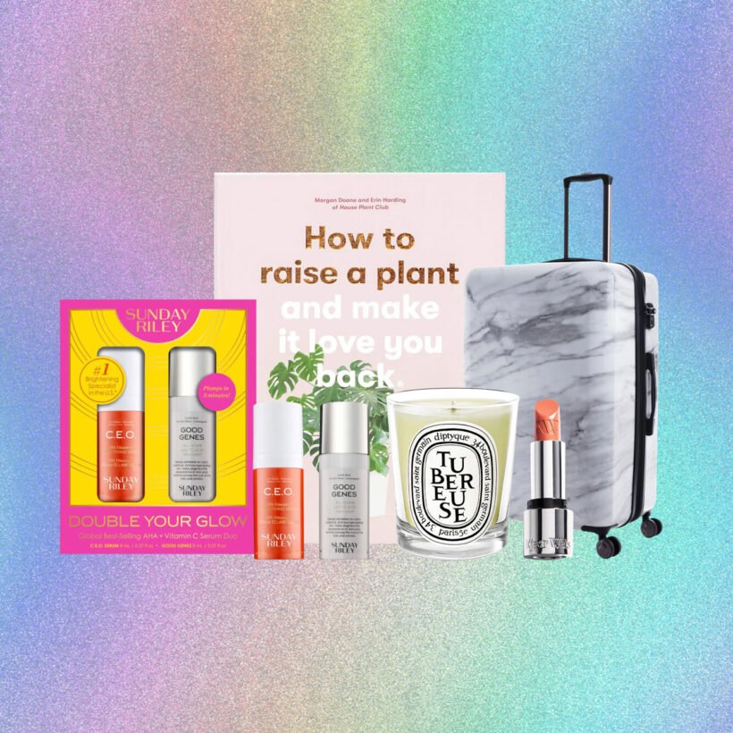 Collage of gift items on holographic background