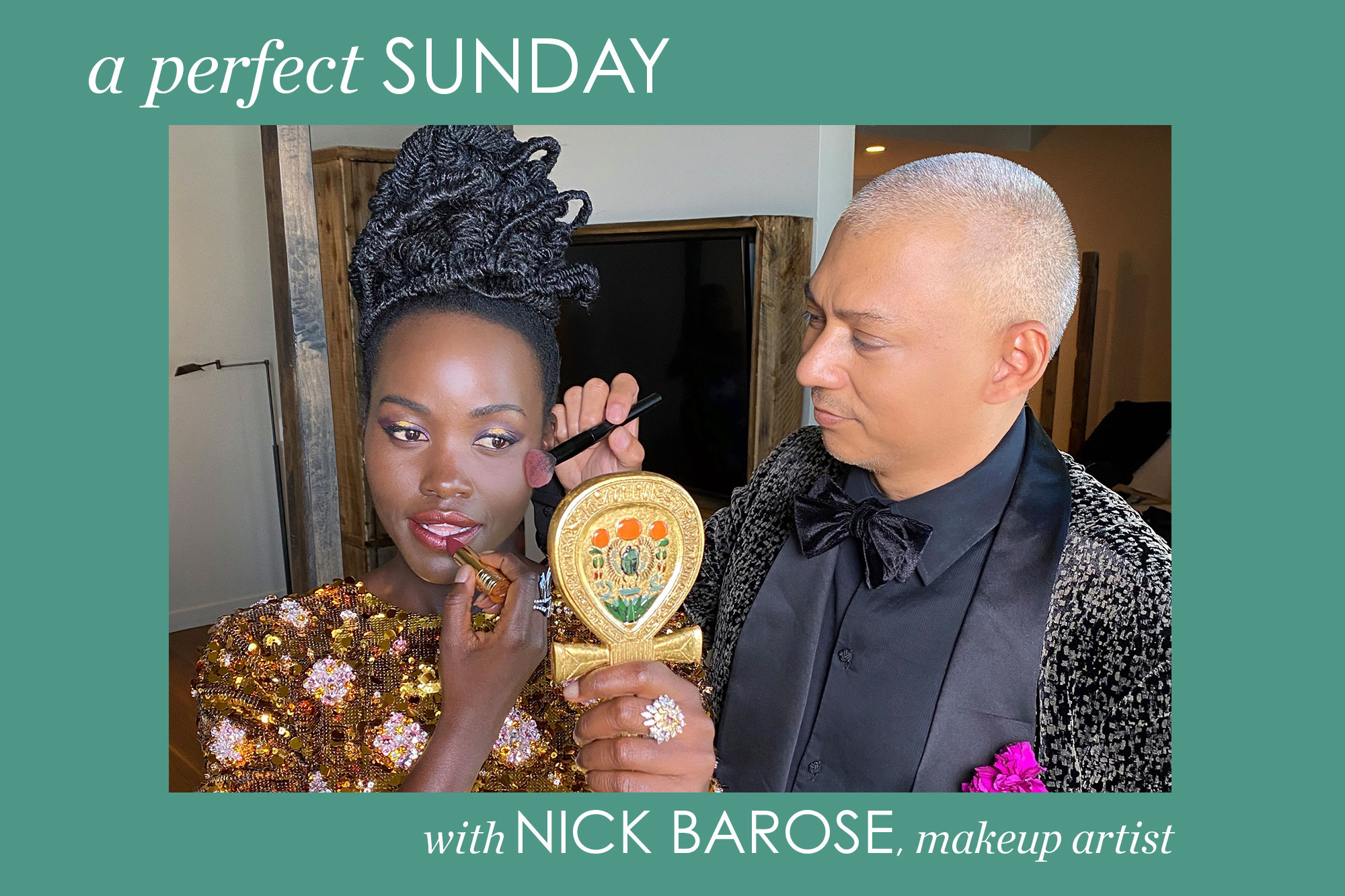 Makeup artist Nick Barose applying makeup to Luptia Nyong’o.