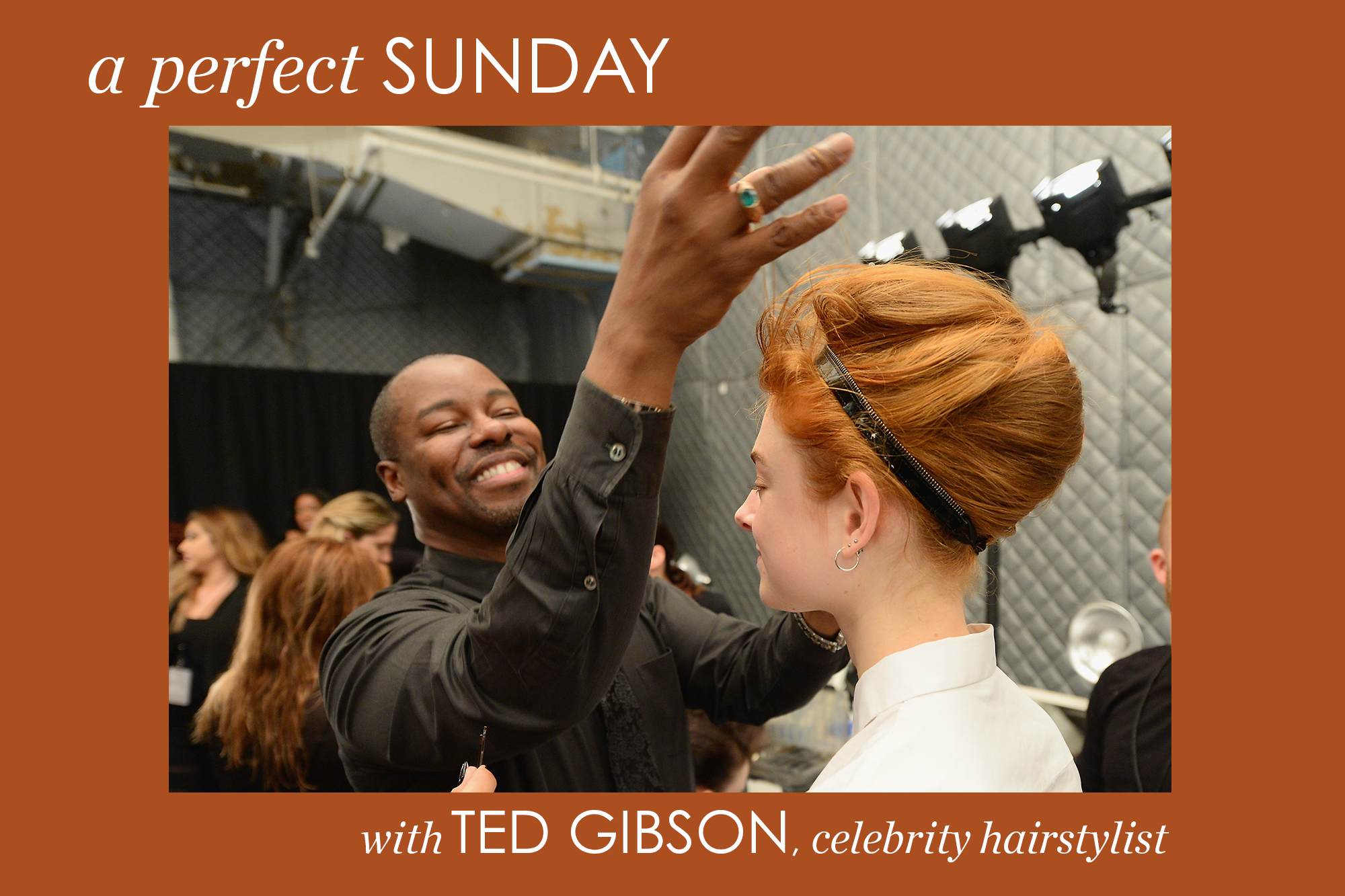 Hair stylest Ted Gibson prepares a model backstage at fashion week.