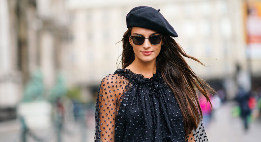 Gabrielle Caunesil wears a black beret, sunglasses, a frilly collar, outside Redemption, during Paris Fashion Week - Womenswear Spring Summer 2020
