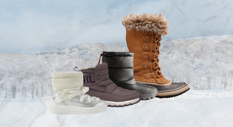 collage of boots in front of Scenic view of snow covered landscape
