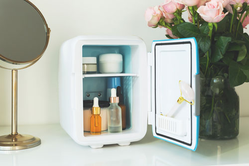 Mini fridge on vanity table